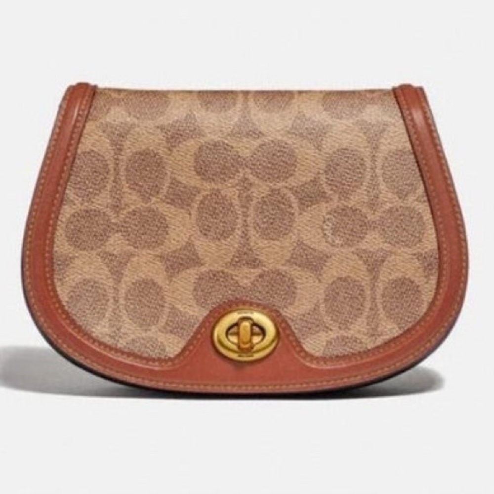 Coach 76264 Saddle Belt Bag In Colorblock Signature Canvas In Tan Rust EUC